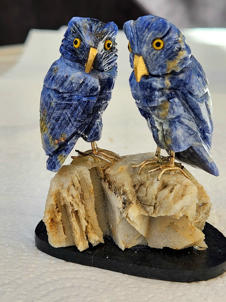 From Wisdom to Wealth: The Path of Enlightenment Through Sodalite Owl Pair Carving Sitting Gracefully on Quartz Geode