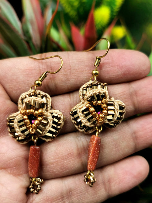Crochet Flower Earrings with natural sandstone - handmade dangle earrings - ideal Birthday/Anniversary/Engagement/Mother's Day gift - Shwasam
