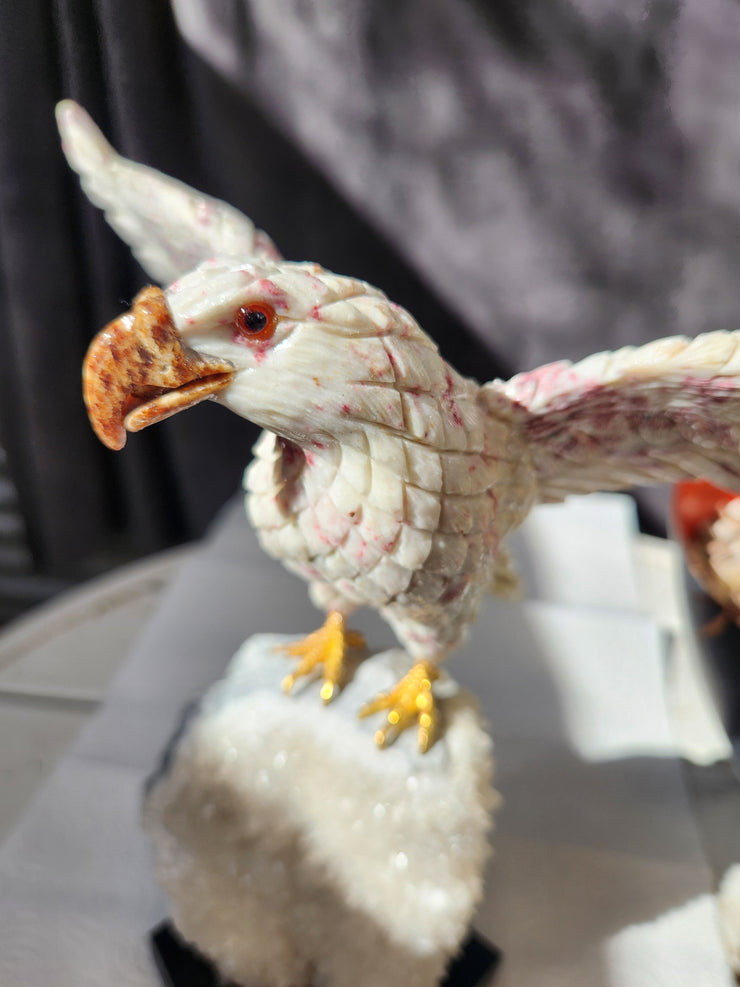 Flying Eagle Carving in Pink Tourmaline on White Quartz with Picture Jasper Beak, Perched on Crystal Geode with Onyx Base | A Powerful Symbol of Inner Healing, Motivation, and New Beginnings