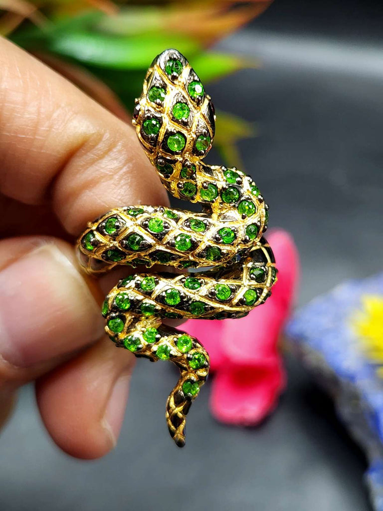 Why Tsavorite Snake Ring in Black Rhodium Silver is Perfect for Confidence & Growth | Shwasam Crystals