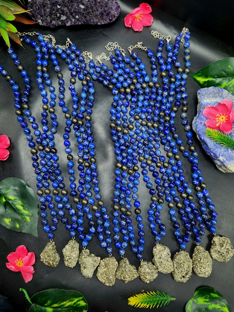 Lapis Lazuli and Pyrite 8mm Bead Mala with Pyrite Rough Pendant - A Fusion of Elegance and Power