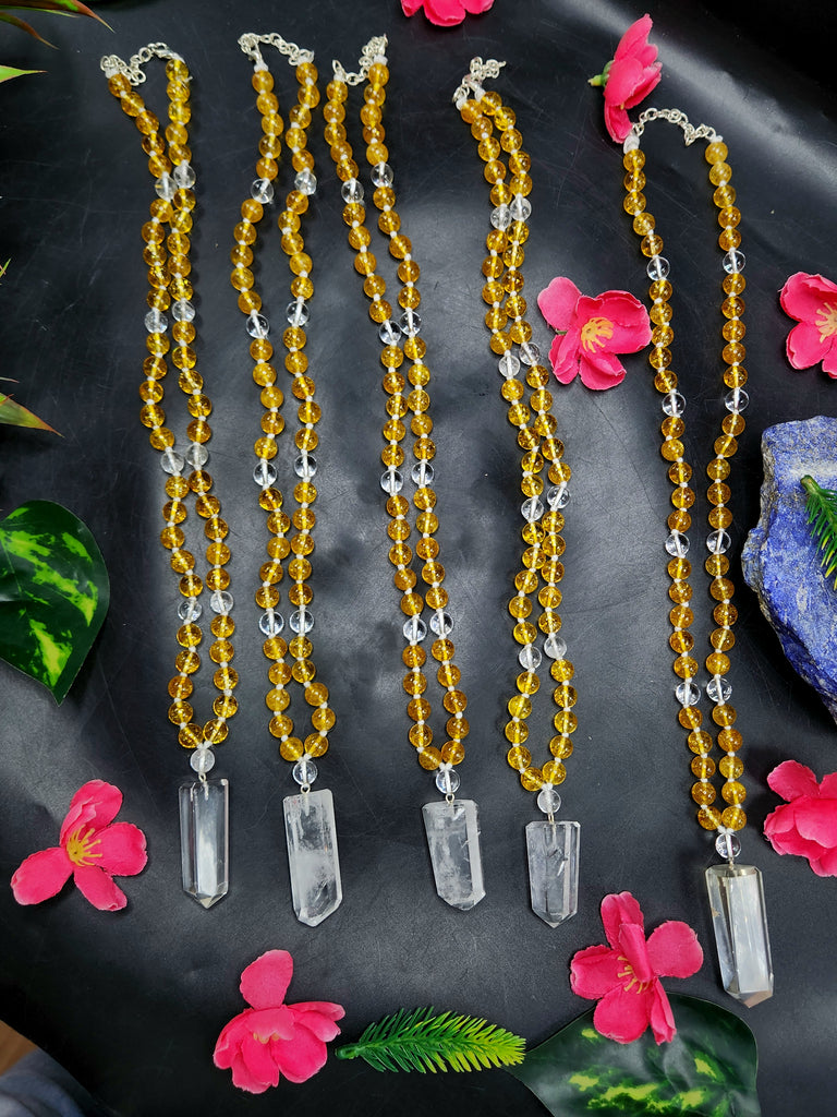 Citrine and Clear Quartz 8mm Bead Mala with Himalayan Quartz Natural Point Pendant - Elevate Your Spirit with Citrine and Clear Quartz Mala