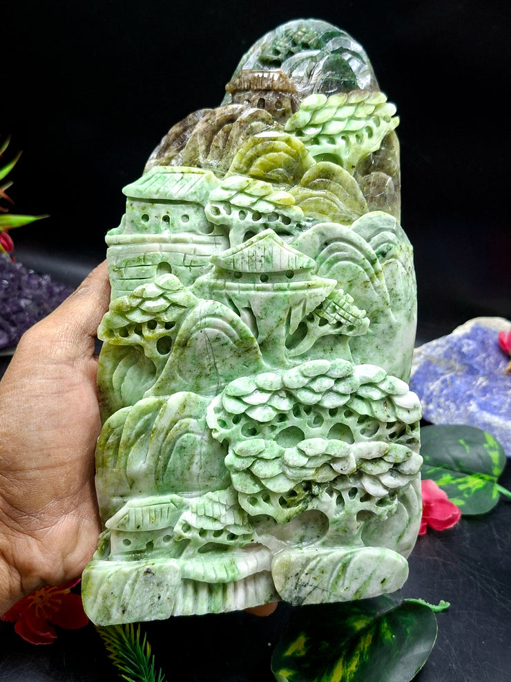 Shoushan Style Landscape Carving in Serpentine Jade Crystal – A Symbol of Protection, Manifestation & Timeless Beauty