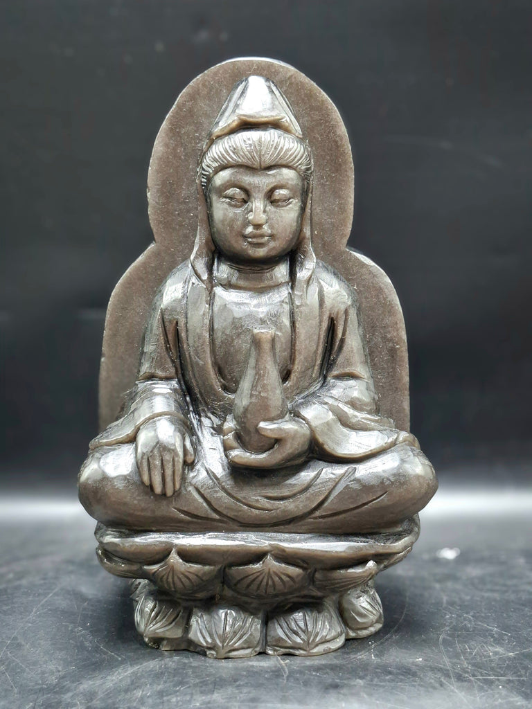 Guan Yin Sitting Carving in Silver Sheen Obsidian: Benefits for Protection, Peace and Meditation | Shwasam Crystals