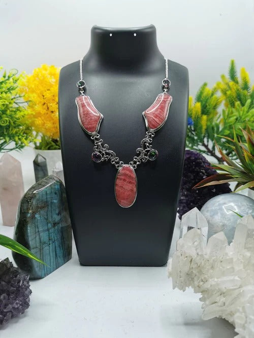 Elevating Elegance - The Splendor of Rhodochrosite and Mystic Stone in 925 Sterling Silver Necklace