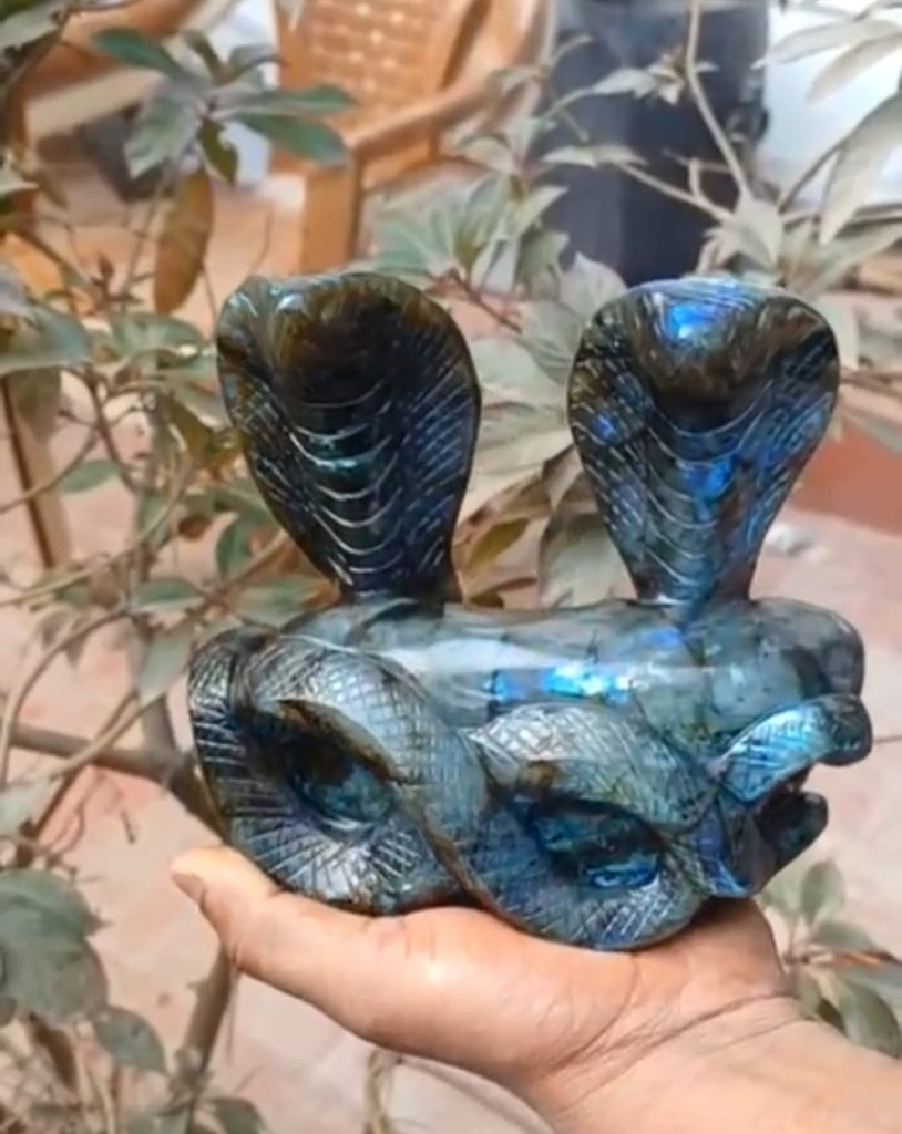 Enchanting Radiance - Labradorite Snake Pair Carving for Unique Home Decor