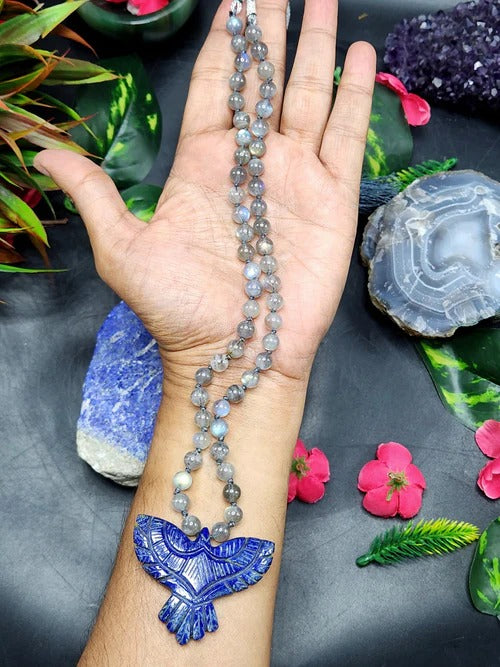 Mystical Fusion: Labradorite Bead Mala with Lapis Lazuli Phoenix Pendant