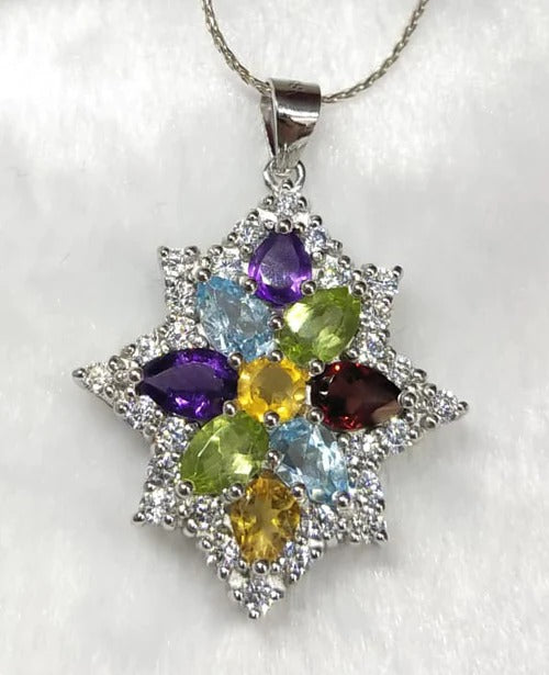 Pendant with amethyst, swiss blue topaz, peridot, garnet and citrine made in 925 silver with rhodium plating - Harmony Spectrum