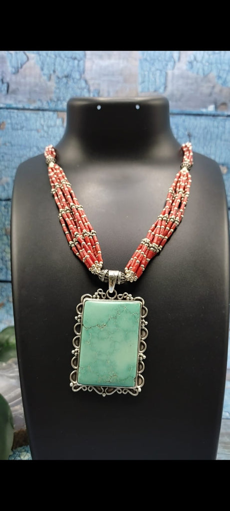 Turquoise Pendant with Coral Beaded Necklace in 925 Silver - Winter Elegance Unveiled