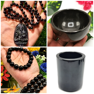 Black Obsidian Marvels - bead necklace with kwanyin pendant, shot glass, bowl, 4 bracelets