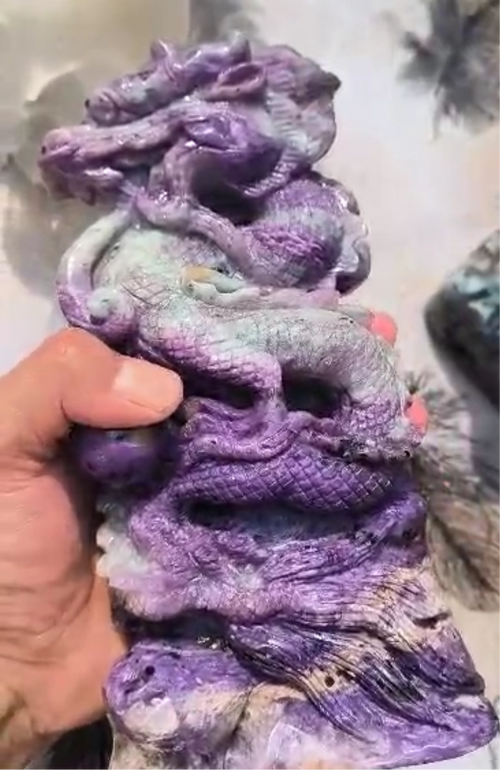 Chinese Dragon Carving in Charoite Gemstone, 3 angels in pink opal & aventurine - final payment