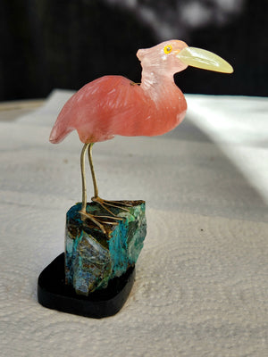 Cherry Quartz with Green Quartz Beak Crane Carving Sitting on Chrysocolla Geode – A Symbol of Peace, Balance and Renewal | Reiki/Chakra/Healing/Energy | Home Decor