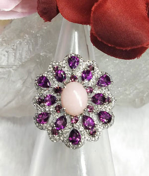 Rhodolite & Pink Opal jewelry set of ring, pendant & earring in 925 silver with rhodium plating