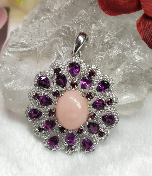 Rhodolite & Pink Opal jewelry set of ring, pendant & earring in 925 silver with rhodium plating