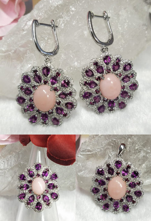 Rhodolite & Pink Opal jewelry set of ring, pendant & earring in 925 silver with rhodium plating