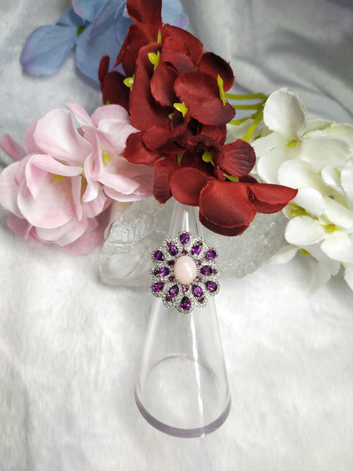 Rhodolite & Pink Opal jewelry set of ring, pendant & earring in 925 silver with rhodium plating