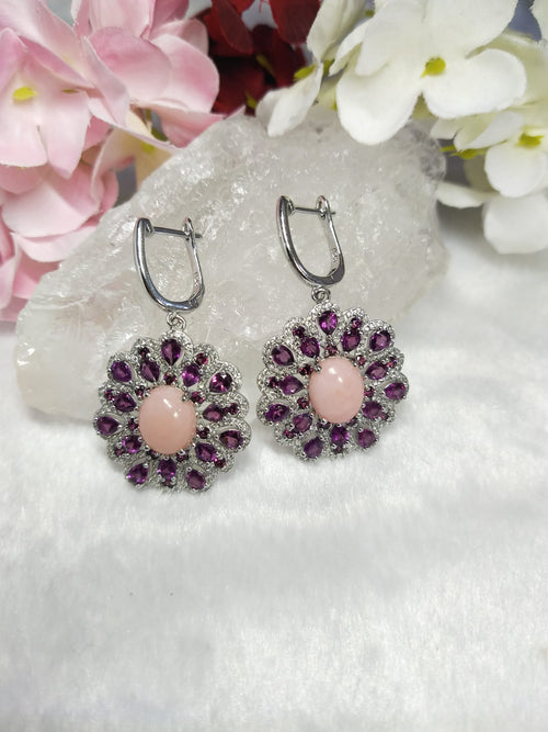 Rhodolite & Pink Opal jewelry set of ring, pendant & earring in 925 silver with rhodium plating