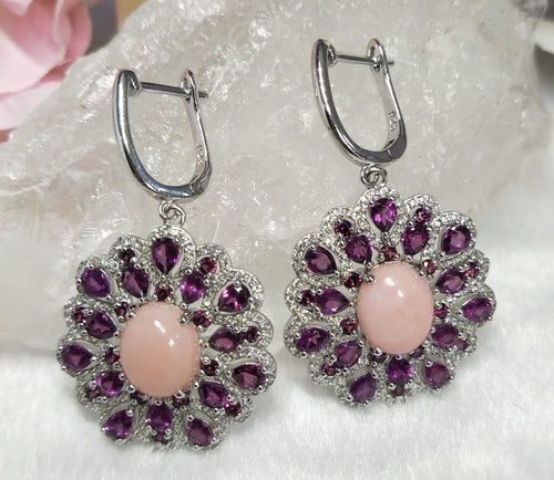 Rhodolite & Pink Opal jewelry set of ring, pendant & earring in 925 silver with rhodium plating