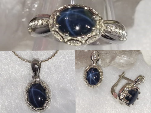 Star Blue Sapphire jewelry set of ring, pendant & earring in 925 silver with rhodium plating | Gift for her | gemstone jewellery | crystal 925 silver ornaments