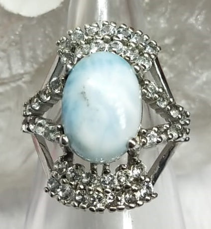 Larimar jewelry set of ring, pendant & earring in 925 silver with rhodium plating