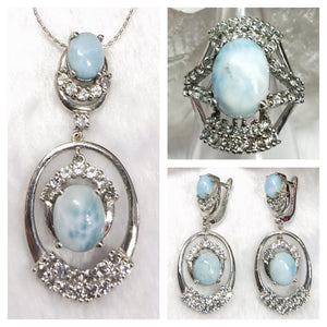 Larimar jewelry set of ring, pendant & earring in 925 silver with rhodium plating