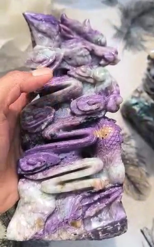 Chinese Dragon Carving in Charoite Gemstone, 3 angels in pink opal & aventurine - final payment