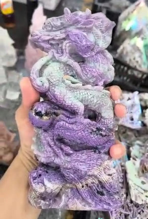 Chinese Dragon Carving in Charoite Gemstone, 3 angels in pink opal & aventurine - final payment