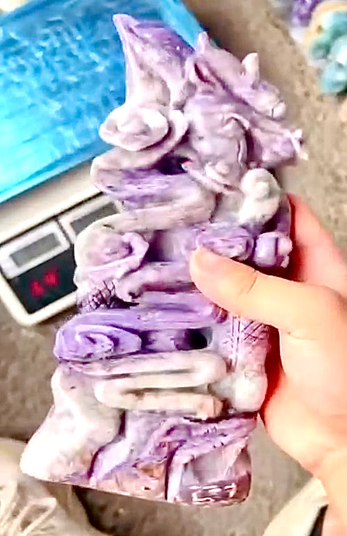 Chinese Dragon Carving in Charoite Gemstone, 3 angels in pink opal & aventurine - final payment