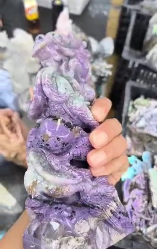 Chinese Dragon Carving in Charoite Gemstone, 3 angels in pink opal & aventurine - final payment