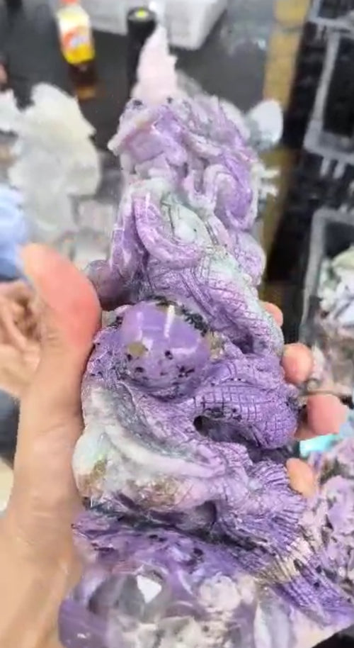 Chinese Dragon Carving in Charoite Gemstone, 3 angels in pink opal & aventurine - final payment