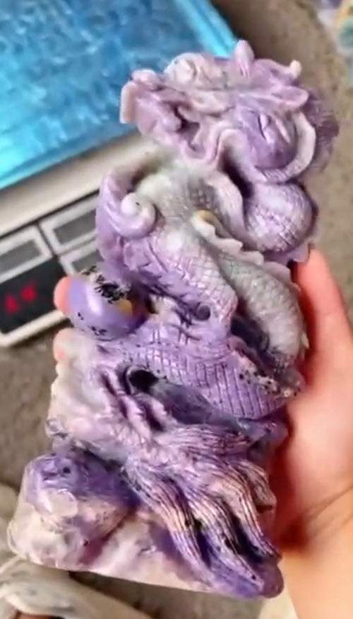 Chinese Dragon Carving in Charoite Gemstone, 3 angels in pink opal & aventurine - final payment