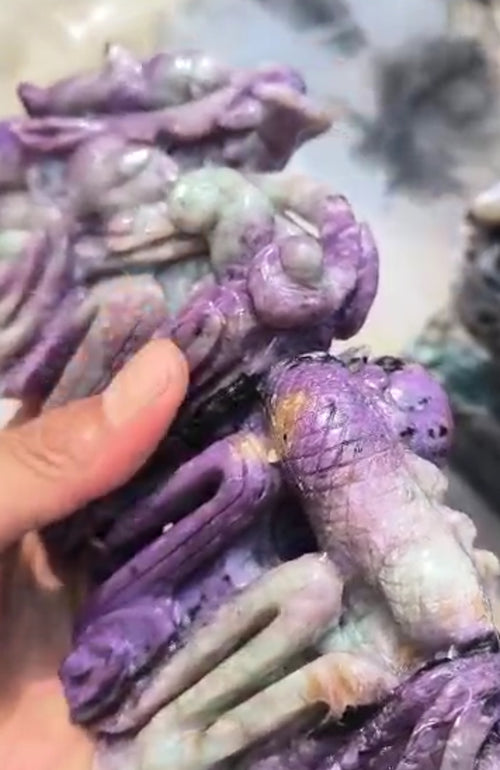 Chinese Dragon Carving in Charoite Gemstone, 3 angels in pink opal & aventurine - final payment