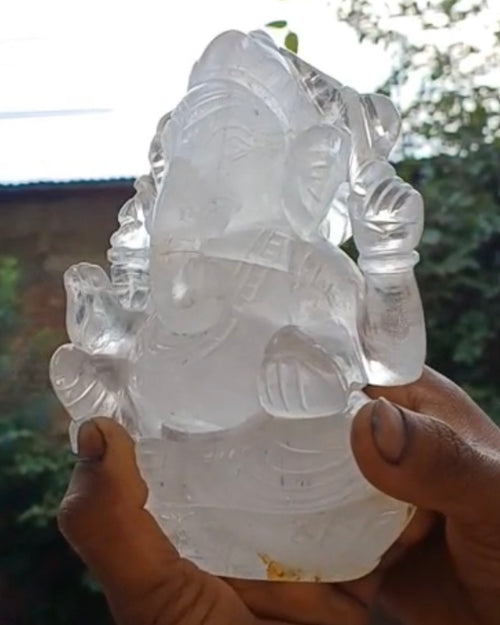 White / Crystal Quartz Ganesha Carving - Handmade gemstone statue