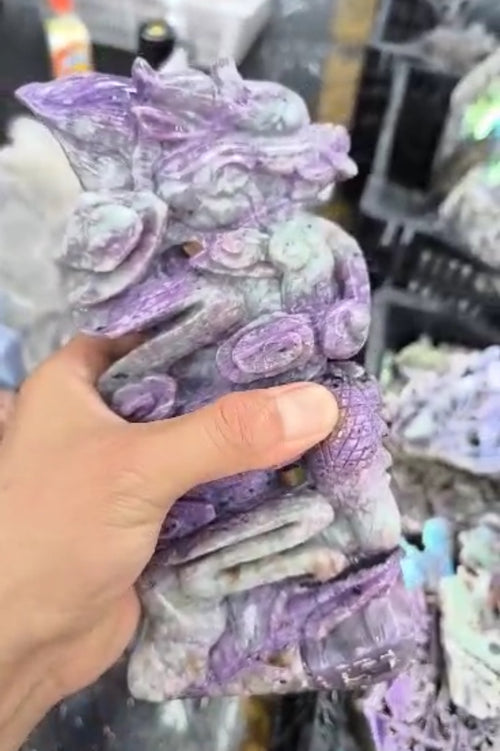 Chinese Dragon Carving in Charoite Gemstone, 3 angels in pink opal & aventurine - final payment