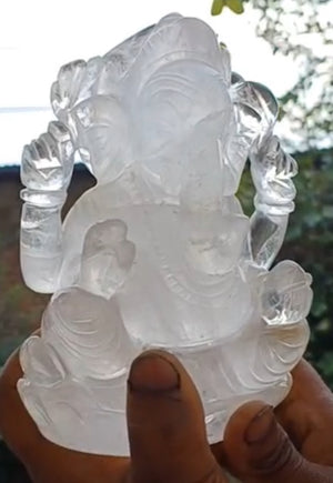 White / Crystal Quartz Ganesha Carving - Handmade gemstone statue