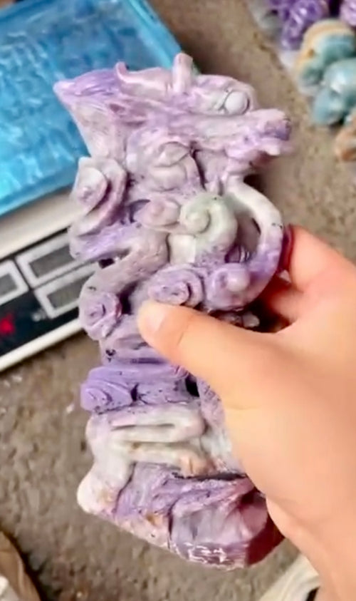 Chinese Dragon Carving in Charoite Gemstone, 3 angels in pink opal & aventurine - final payment