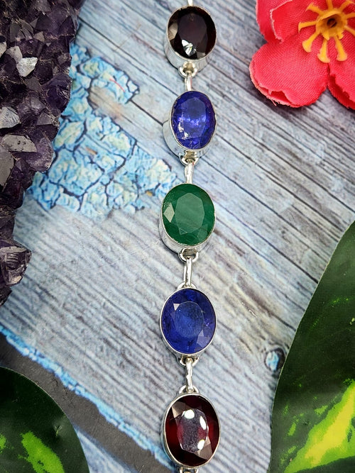 Multi stone bracelet in 925 silver - Amethyst, Citrine, Garnet, Tanzanite and Emerald | Gemstone Jewelry