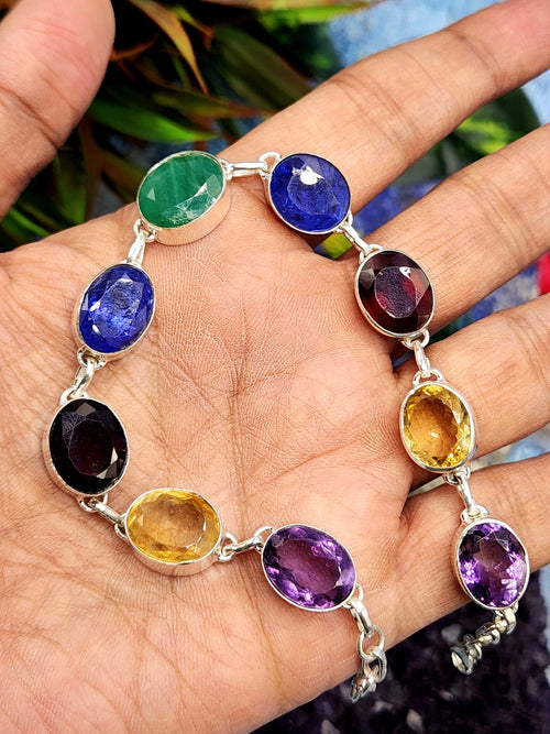 Multi stone bracelet in 925 silver - Amethyst, Citrine, Garnet, Tanzanite and Emerald | Gemstone Jewelry