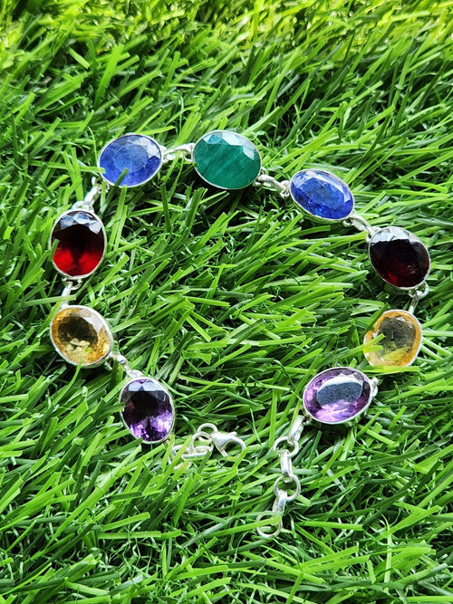 Multi stone bracelet in 925 silver - Amethyst, Citrine, Garnet, Tanzanite and Emerald | Gemstone Jewelry