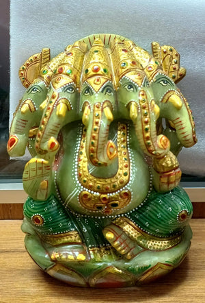 Panchamukhi Ganesh Carving in Natural Green Aventurine with Original Gold Foil Work: A Symbol of Divine Energy and Prosperity
