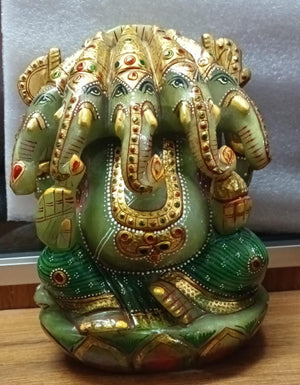 Panchamukhi Ganesh Carving in Natural Green Aventurine with Original Gold Foil Work: A Symbol of Divine Energy and Prosperity