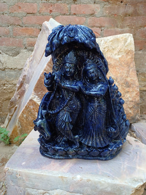 Radha Krishna Carving in High-Quality Sodalite – Embrace Divine Love and Spiritual Harmony in Your Home