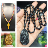 Pack of 3 - Black Obsidian Kwanyin mala, Tiger eye Kwanyin pendant, Mookaite Jasper beaded mala with cross pendant