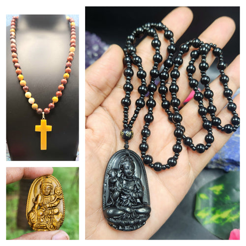 Pack of 3 - Black Obsidian Kwanyin mala, Tiger eye Kwanyin pendant, Mookaite Jasper beaded mala with cross pendant