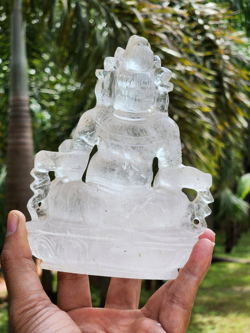 Lord Kuber statue in Clear Quartz Handmade Carving - Kubera Idol | Sculpture in Crystals and Gemstones - 5.5 inches and 810 gms (1.78 lb)