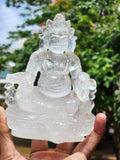 Lord Kuber statue in Clear Quartz Handmade Carving - Kubera Idol | Sculpture in Crystals and Gemstones - 5.5 inches and 810 gms (1.78 lb)
