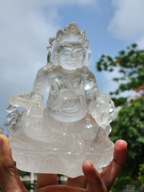 Lord Kuber statue in Clear Quartz Handmade Carving - Kubera Idol | Sculpture in Crystals and Gemstones - 5.5 inches and 810 gms (1.78 lb)