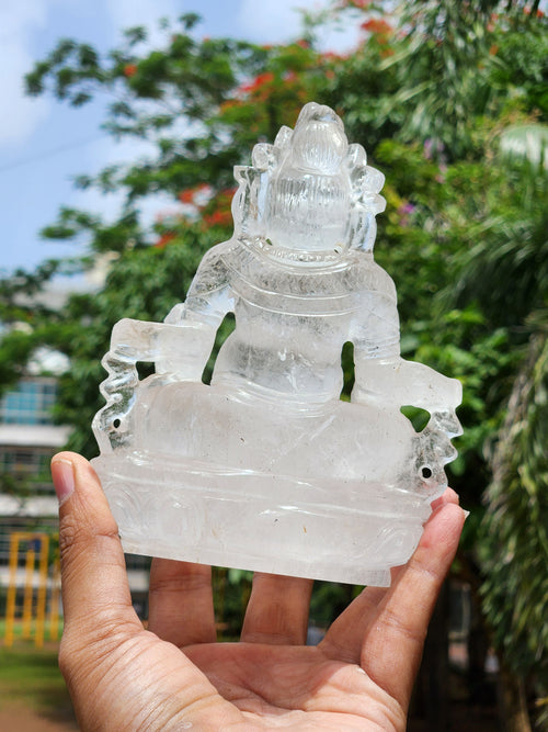 Lord Kuber statue in Clear Quartz Handmade Carving - Kubera Idol | Sculpture in Crystals and Gemstones - 5.5 inches and 810 gms (1.78 lb)