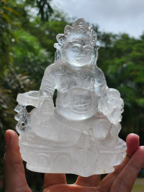 Lord Kuber statue in Clear Quartz Handmade Carving - Kubera Idol | Sculpture in Crystals and Gemstones - 5.5 inches and 810 gms (1.78 lb)