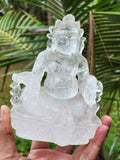 Lord Kuber statue in Clear Quartz Handmade Carving - Kubera Idol | Sculpture in Crystals and Gemstones - 5.5 inches and 810 gms (1.78 lb)
